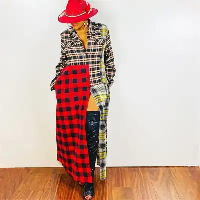 S-2XL Women Fashion Color Blocking Plaid Printed Pachwork Maxi Dress