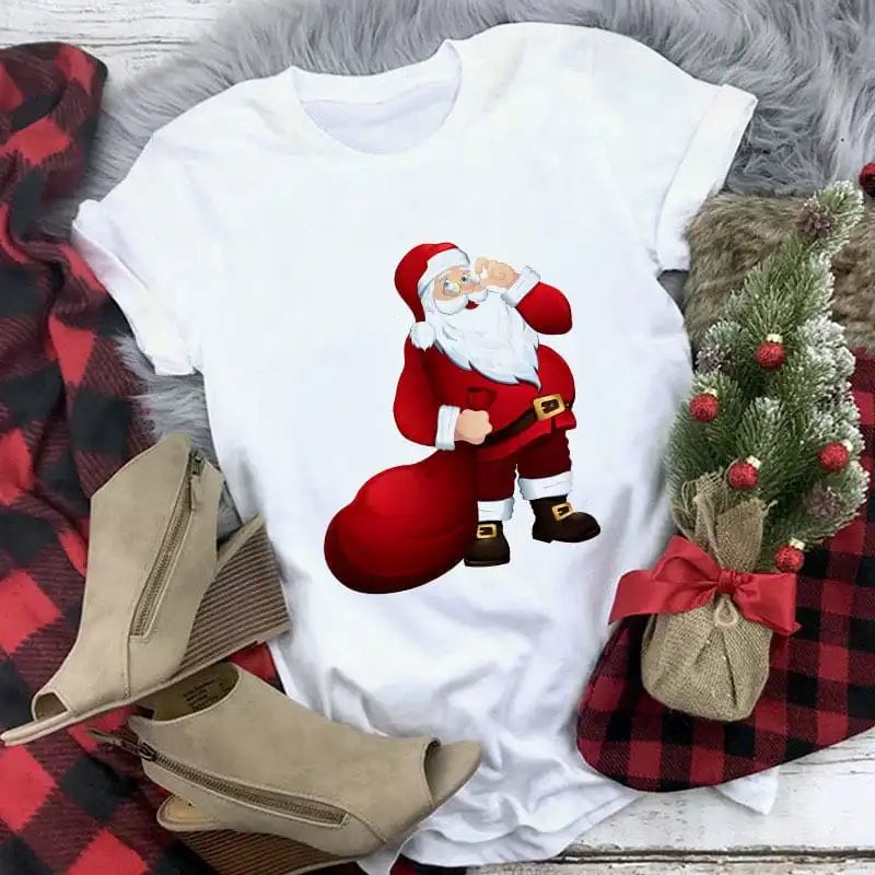 S-3XL Women Fashion Christmas Santa Print Short Sleeve T-Shirt