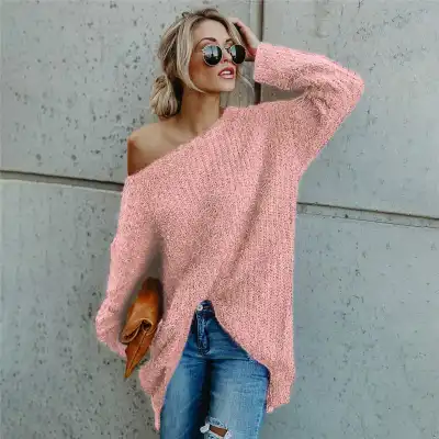 S-5XL Women Fashion Cool Shoulder Plush Long Sleeve Loose Knitwear