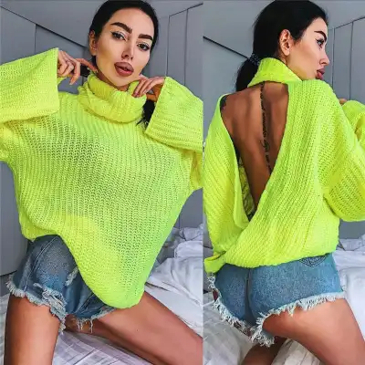 S-L Women Fashion Neon Color Backless Turtle Neck Loose Knitwear