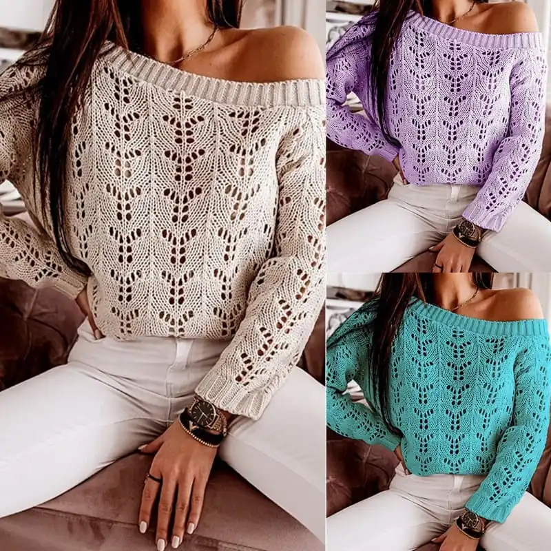 S-XXL Women Fashion Cool Shoulder Solid Color Hollow Out Knitwear