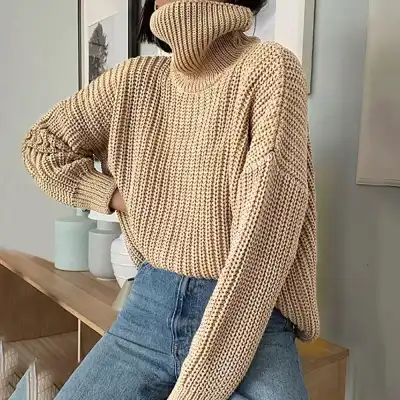 S-XL Women Fashion Turtle Neck Pullover Solid Color Sweater