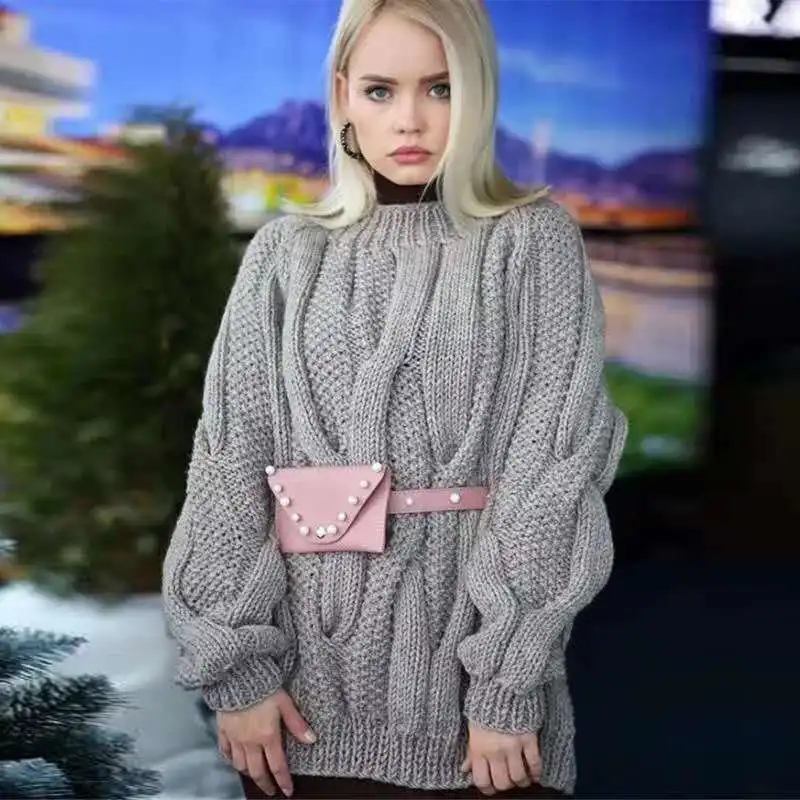 Women Fashion Round Neck Solid Color Loose Sweater