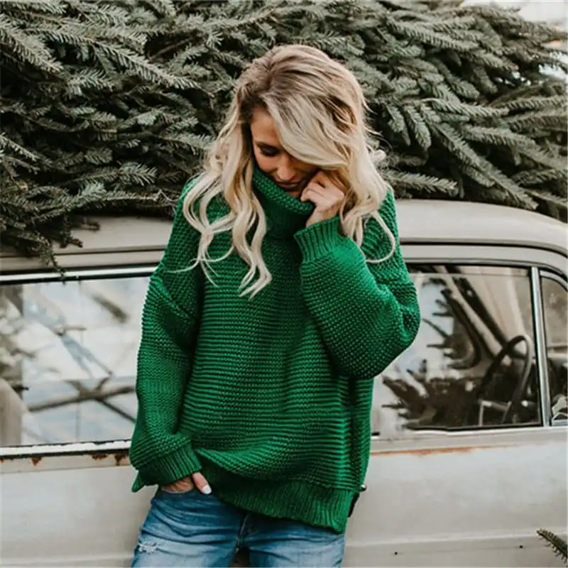 S-3XL Women Fashion Turtle Neck Solid Color Long Sleeve Knitwear