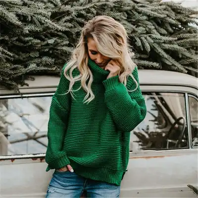 S-3XL Women Fashion Turtle Neck Solid Color Long Sleeve Knitwear