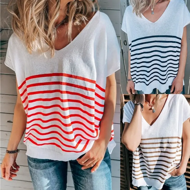 S-2XL Women Casual Stripe Printing Loose Top