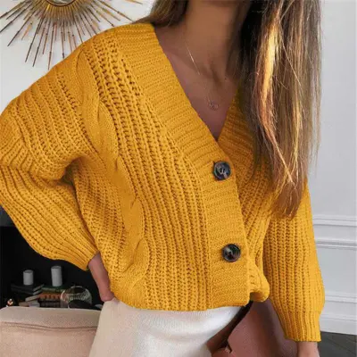 Women Casual Solid Color V Neck Knitted Cardigan
