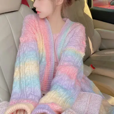 Women Sweet Rainbow Loose Knitted Cardigan