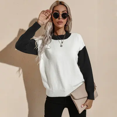 S-XL Women Fashion Color Blocking Round Neck Sweater
