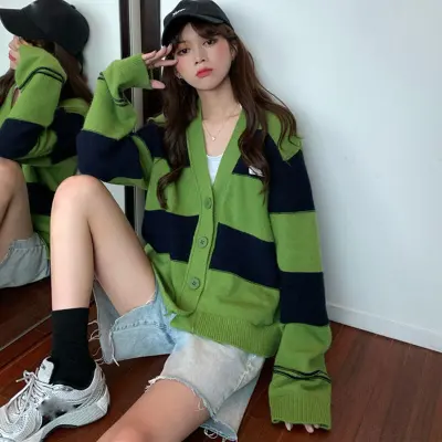 Women Casual Color Blocking Loose Knitted Cardigan