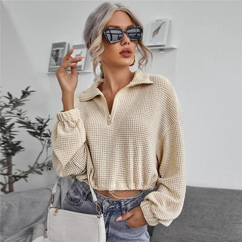 XS-L Women Creative Lapel Zipper Drawstring Knitted Top