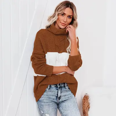 S-XL Women Casual Color Blocking Turtle Neck Knitted Top
