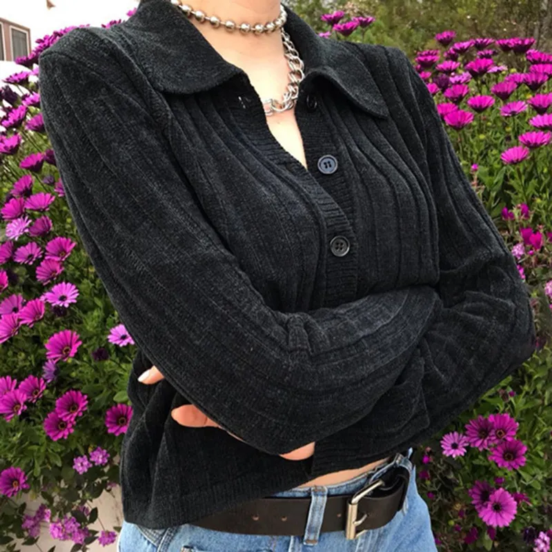 S-L Women Fashion Solid Color Lapel Knitwear