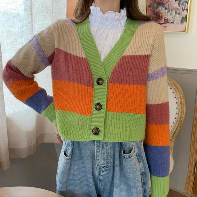Women Fashion Color Blocking Cardigan Knitwear