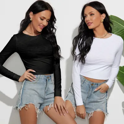 S-XL Women Basic Short Sleeve Round Neck Cropped T-Shirt