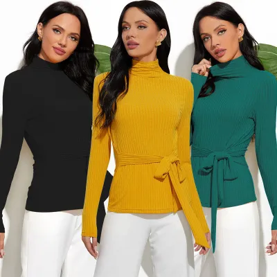 S-XL Women Elegant High Collar Defined Waist Basic Knitwear