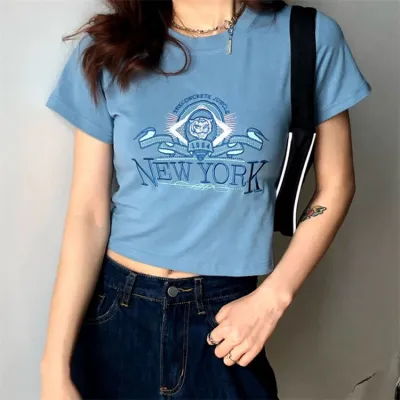S-XL Women Fashion Letter Embroidery Cropped T-shirt