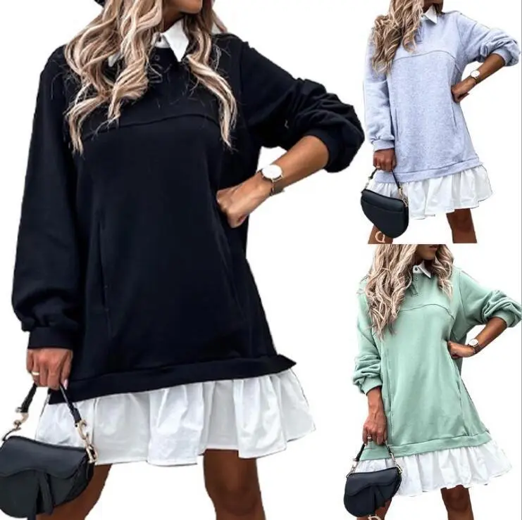 Women Autumn Elegant Color Blocking Pocket Button Lapel Long-sleeved False Two-piece Loose Ruffled Dress