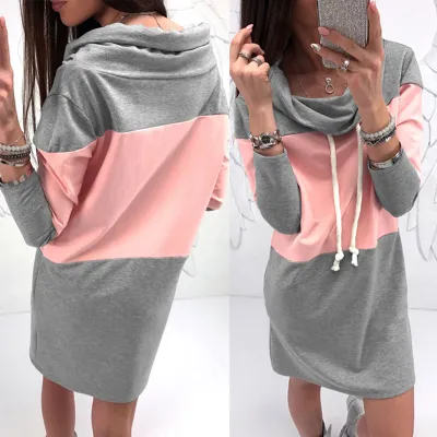 Women Casual Autumn Color Blocking Loose Long Sleeve Dress