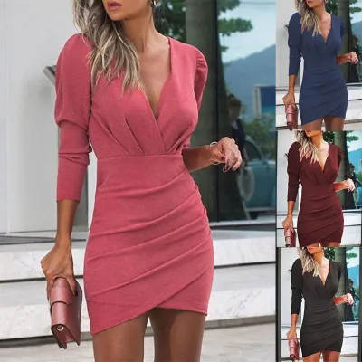 Women Elegant Solid Color V-neck Long-sleeved Creased Irregular Hem Mini Dress