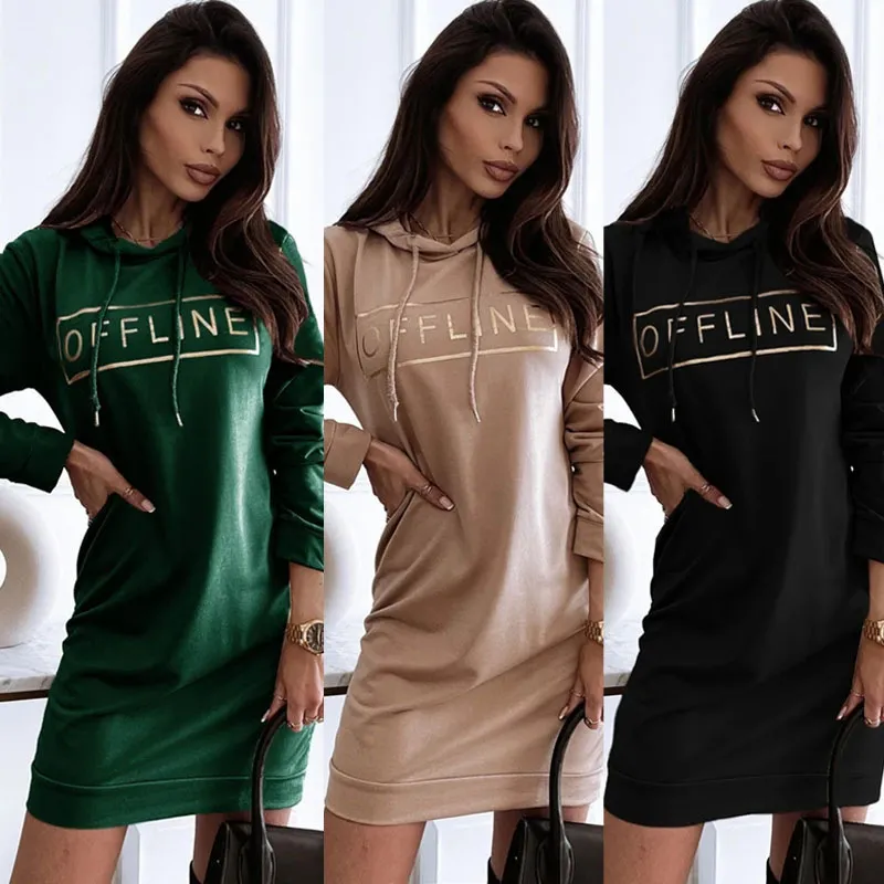 Women Autumn Casual Letter Print Long Sleeve Hooded Dress