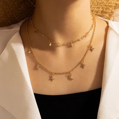 Simple Star And Moon Pendant Decoration Alloy Multilayer Necklace
