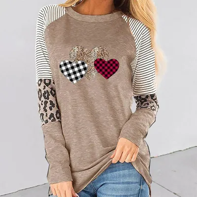 Women Basic Color Blocking Long Sleeve Round Neck Leopard Graphic Printed Stripe Patchwork T-shirt