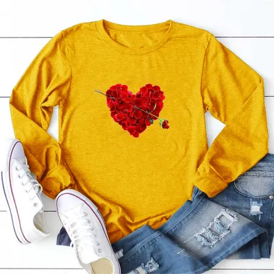 Women Valentine's Day Basic Long Sleeve Round Neck Floral Graphic Heart Printed T-shirt