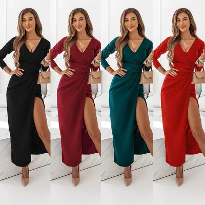 Women Elegant Basic Autumn V-neck Solid Color Long-sleeved Side-slit Midi Dress
