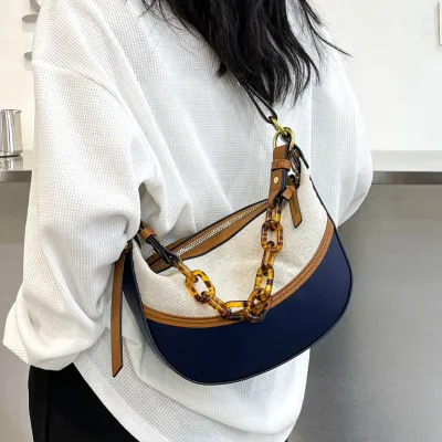 Women Elegant Acrylic Chain Design Color Blocking Hobo Crossbody Handle Bag