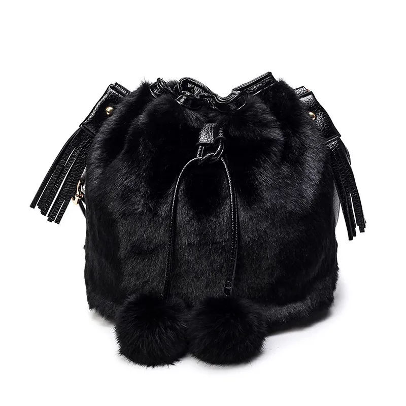 Women Elegant Pompon Pendant Decoration Solid Color Plush Crossbody Handle Drawstring Bucket Bag