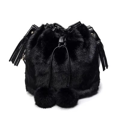 Women Elegant Pompon Pendant Decoration Solid Color Plush Crossbody Handle Drawstring Bucket Bag
