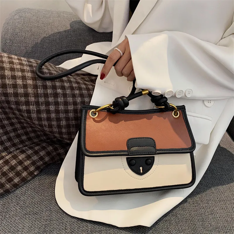 Women Vintage Color Blocking Crossbody Handle Messenger Bag