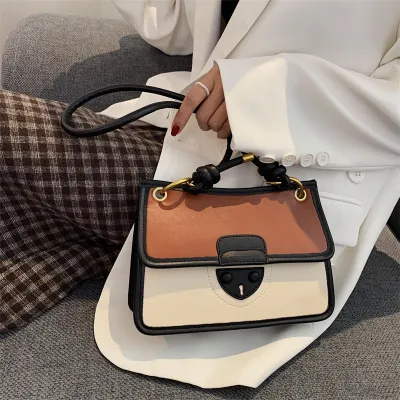 Women Vintage Color Blocking Crossbody Handle Messenger Bag
