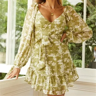 Women Autumn Sweet Dating Floral All Over Print V-neck Long Sleeve Ruffled Dress