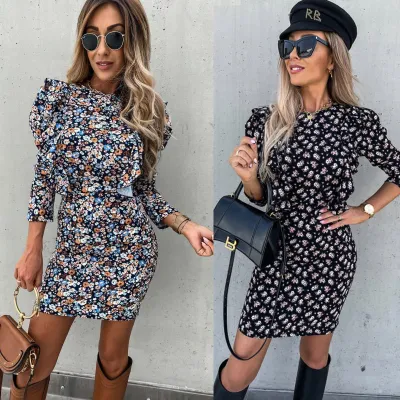 Women Autumn Ruffle Puff Sleeve Floral All Over Print Dress