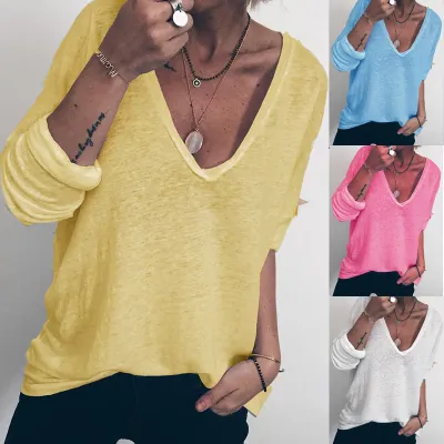 Women Casual Loose Long-sleeved Solid Color V-neck T-shirt
