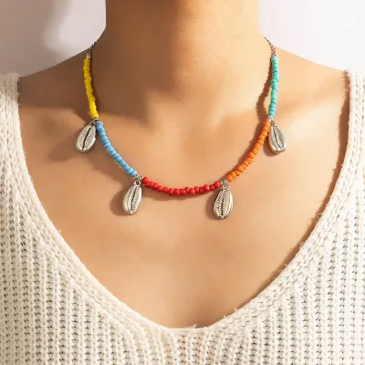 Bohemian Style Shell Pendant Beaded Design Alloy Choker Necklace