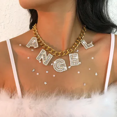 Exaggerated Letter Pendant Design Rhinestone Decoration Alloy Necklace
