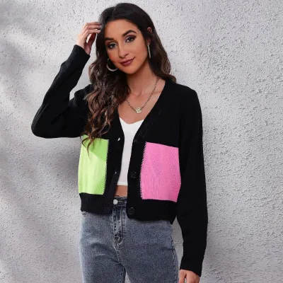 Women Edgy Color Blocking Long-sleeved Single-breasted Knitted Cardigan