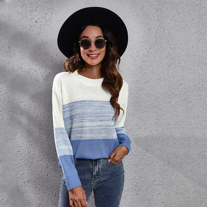 Women Casual Elegant Gradient Color Blocking Long Sleeves Round Neck Sweater