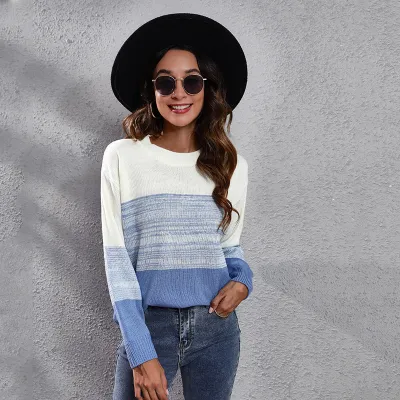 Women Casual Elegant Gradient Color Blocking Long Sleeves Round Neck Sweater