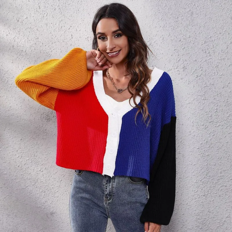 Women Edgy Color Blocking Long Sleeves Crop Knitted Cardigan