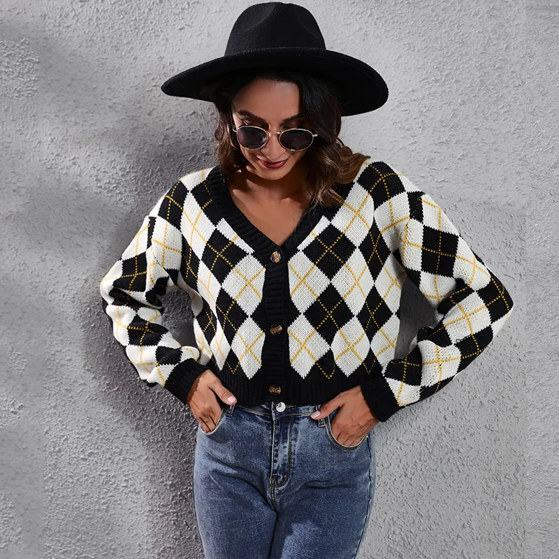 Women Edgy Color Blocking Plaid Long Sleeve Single-Breasted V Neck Knitted Cardigan