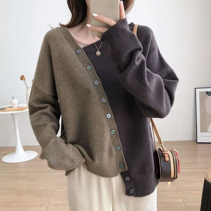 Women Autumn Elegant Color Blocking Irregular Hem Long Sleeves Sweater