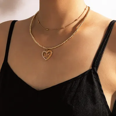 Valentine Day Simple Beaded Design Letter Pendant Rhinestone Decoration Multilayer Alloy Choker Necklace Set