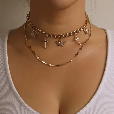 Unique Creative Angel And Cross Pendant Design Alloy Multilayer Necklace