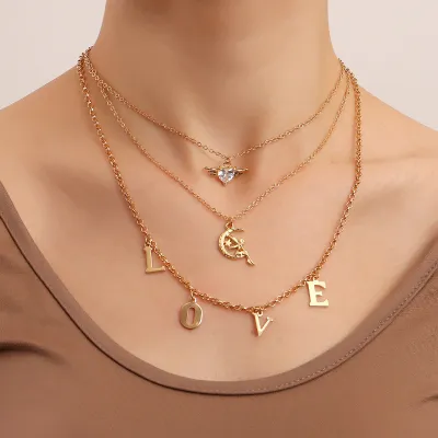Punk Exaggerated Geometric Letter Pendant Rhinestone Decorated Alloy Multilayer Necklace