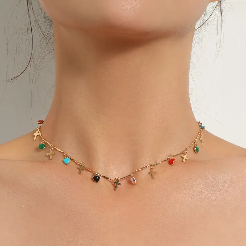 Unique Cross And Heart Pendant Decoration Alloy Necklace