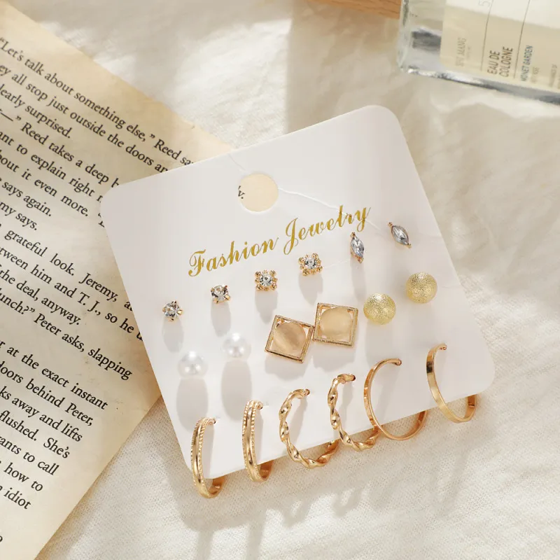 Temperament Creative Geometric Design Crystal Pearl Decoration Alloy Earring Set